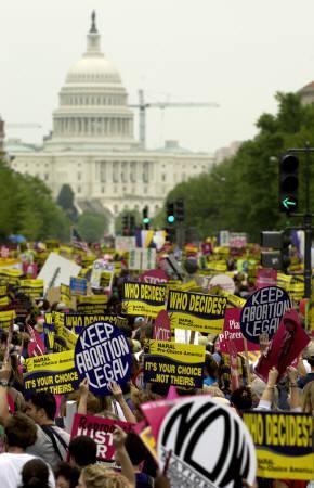 示威群眾4月25日聚集在華府國家廣場前呼籲支持墮胎權，並反對布希(喬治布殊)政府的婦女健康議題政策。在現場發表演說的有影星琥碧戈柏(又譯胡比高拔，Whoopi Goldberg)、艾許莉賈德(又譯艾殊莉茱迪，Ashley Judd)、凱薩琳透納(又譯嘉芙蓮端娜，Kathleen Turner)，還有前美國國務卿奧爾布賴特(Madeleine Albright)等人。圖為當天遊行隊伍的盛況，背景為國會山莊。  路透/Mannie Garcia